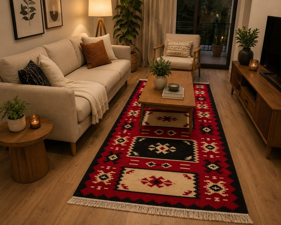 Black & Red Geometric Albanian Runner Rug (150cm x 75cm)