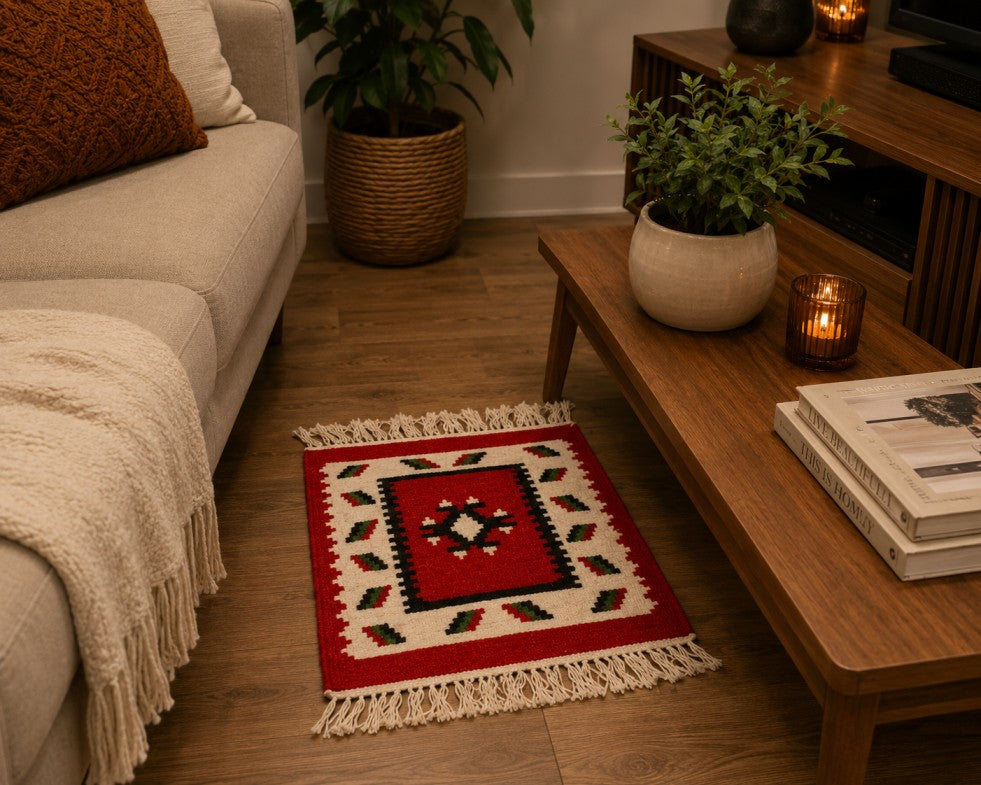 Red Diamond Mini Rug (48cm x 40cm) – Traditional Motif