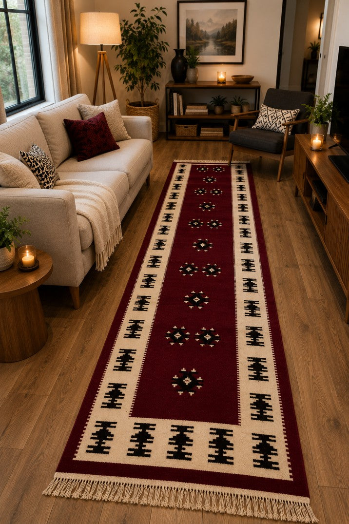 Long Burgundy Geometric Albanian Runner Rug (220cm x 73cm)