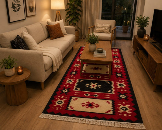 Black & Red Geometric Albanian Runner Rug (150cm x 75cm)