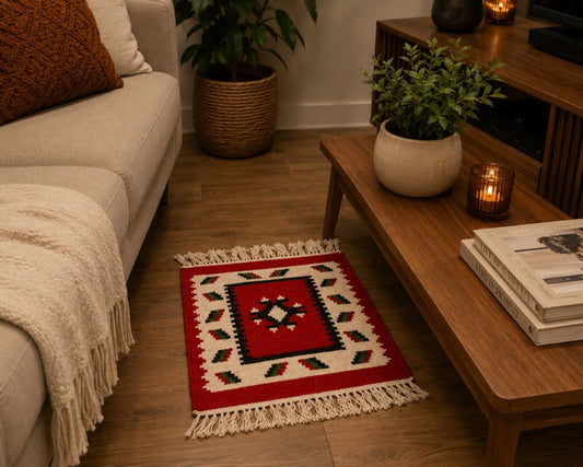 Red Diamond Mini Rug (48cm x 40cm) – Traditional Motif