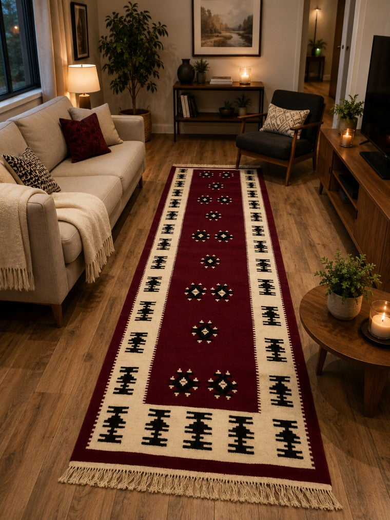 Burgundy Geometric Albanian Runner Rug (200cm x 73cm)